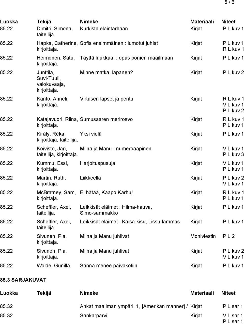 Kirjat IP L kuv 2 Virtasen lapset ja pentu Kirjat IR L kuv 1 IP L kuv 2 Sumusaaren merirosvo Kirjat IR L kuv 1 IP L kuv 1 85.22 Király, Réka, Yksi vielä Kirjat IP L kuv 1 kirjoittaja, 85.