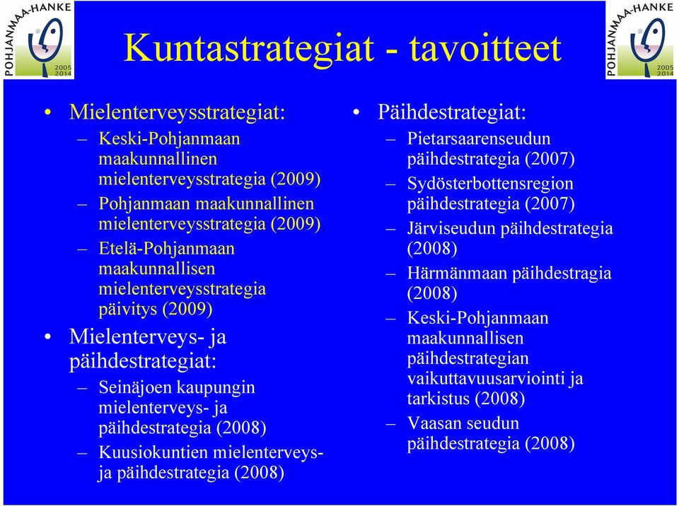 Kuusiokuntien mielenterveysja päihdestrategia (2008) Päihdestrategiat: Pietarsaarenseudun päihdestrategia (2007) Sydösterbottensregion päihdestrategia (2007) Järviseudun