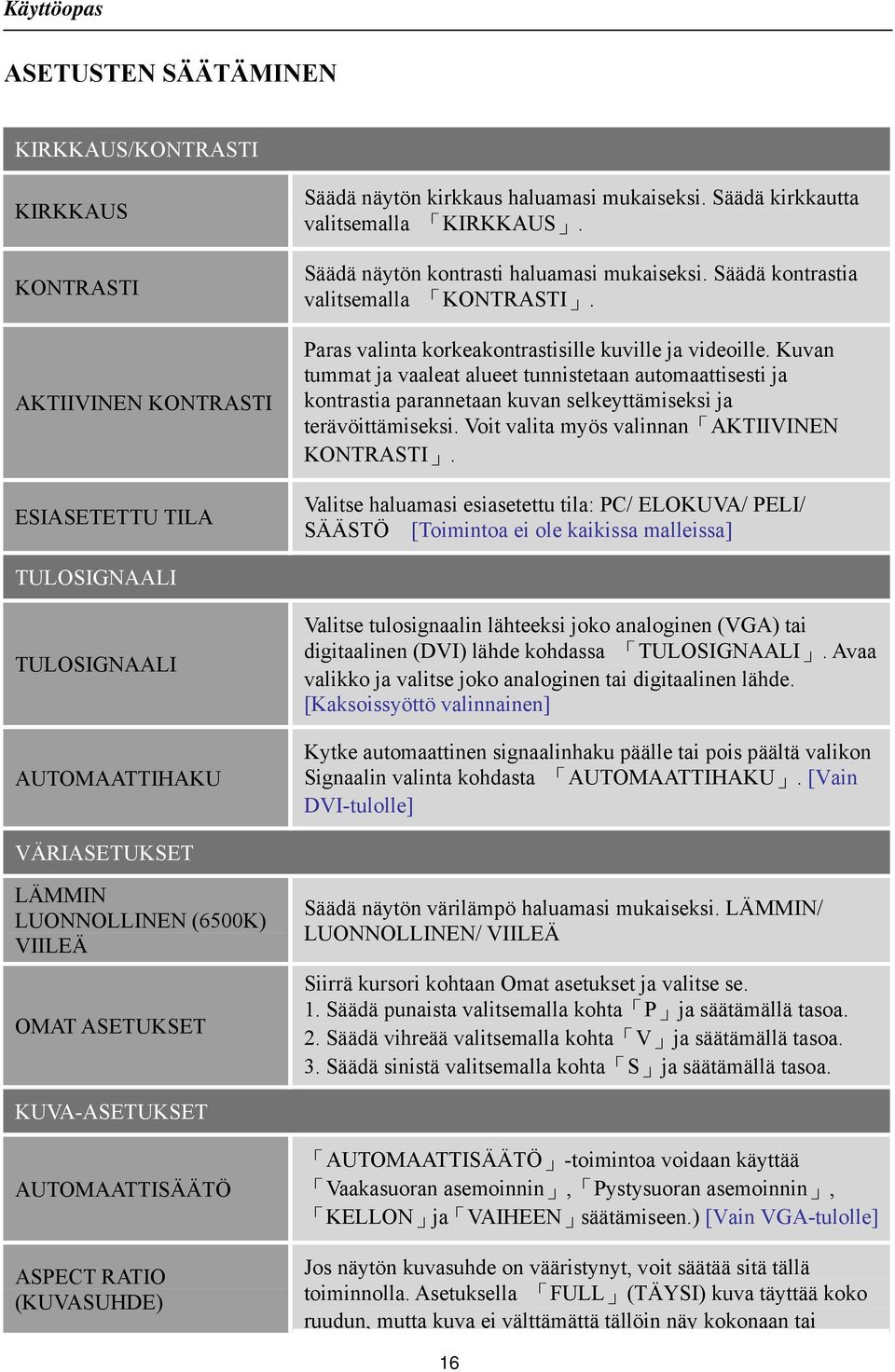 Kuvan tummat ja vaaleat alueet tunnistetaan automaattisesti ja kontrastia parannetaan kuvan selkeyttämiseksi ja terävöittämiseksi. Voit valita myös valinnan AKTIIVINEN KONTRASTI.