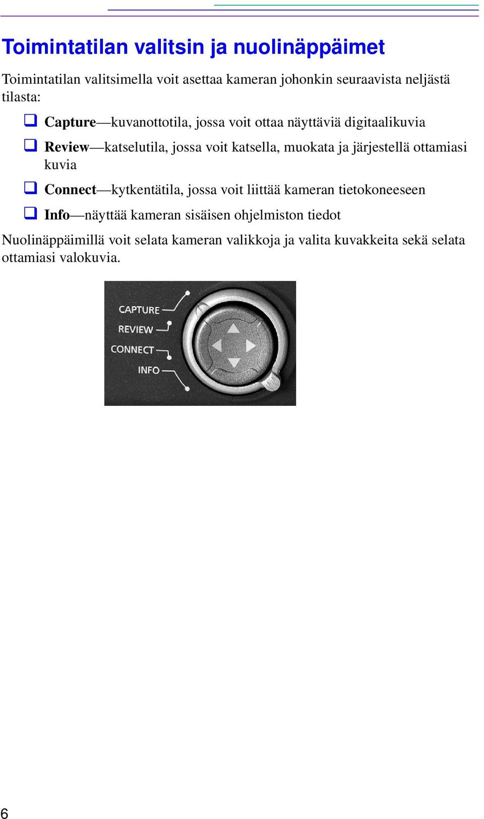 muokata ja järjestellä ottamiasi kuvia Connect kytkentätila, jossa voit liittää kameran tietokoneeseen Info näyttää