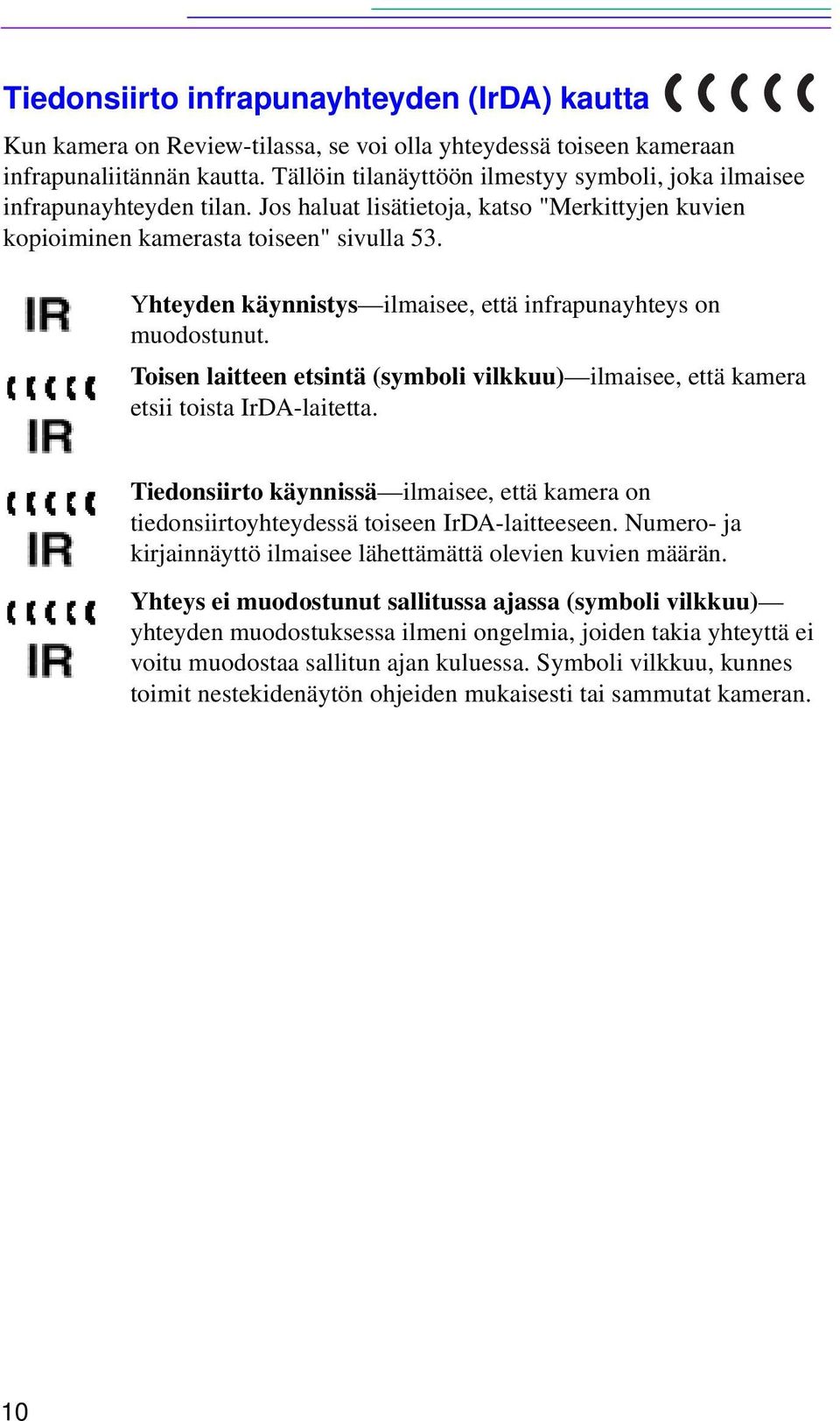 Yhteyden käynnistys ilmaisee, että infrapunayhteys on muodostunut. Toisen laitteen etsintä (symboli vilkkuu) ilmaisee, että kamera etsii toista IrDA-laitetta.