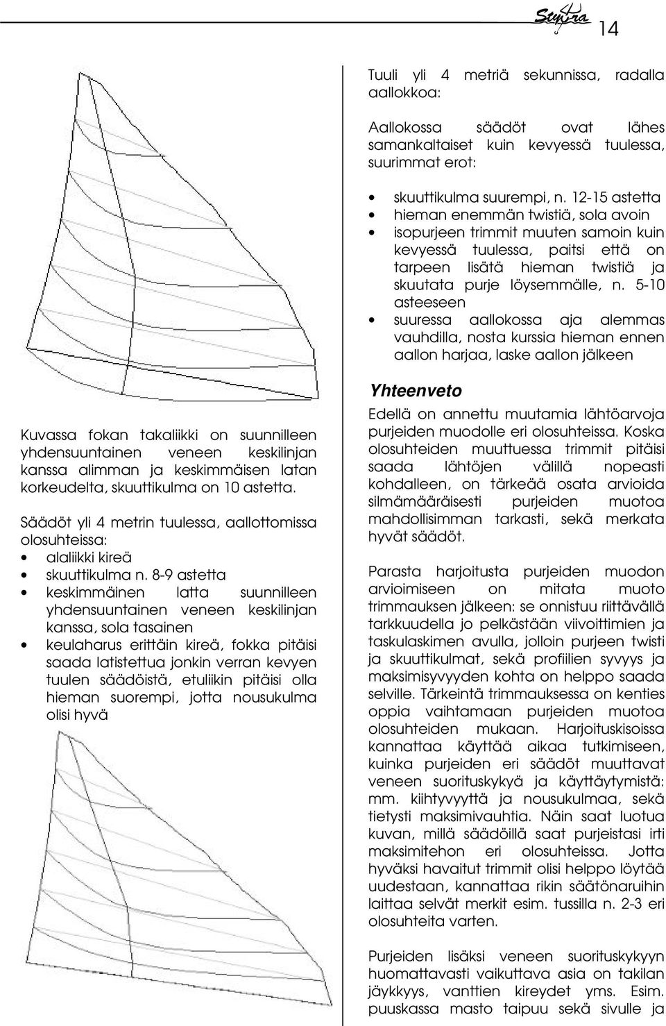 5-10 asteeseen suuressa aallokossa aja alemmas vauhdilla, nosta kurssia hieman ennen aallon harjaa, laske aallon jälkeen Kuvassa fokan takaliikki on suunnilleen yhdensuuntainen veneen keskilinjan