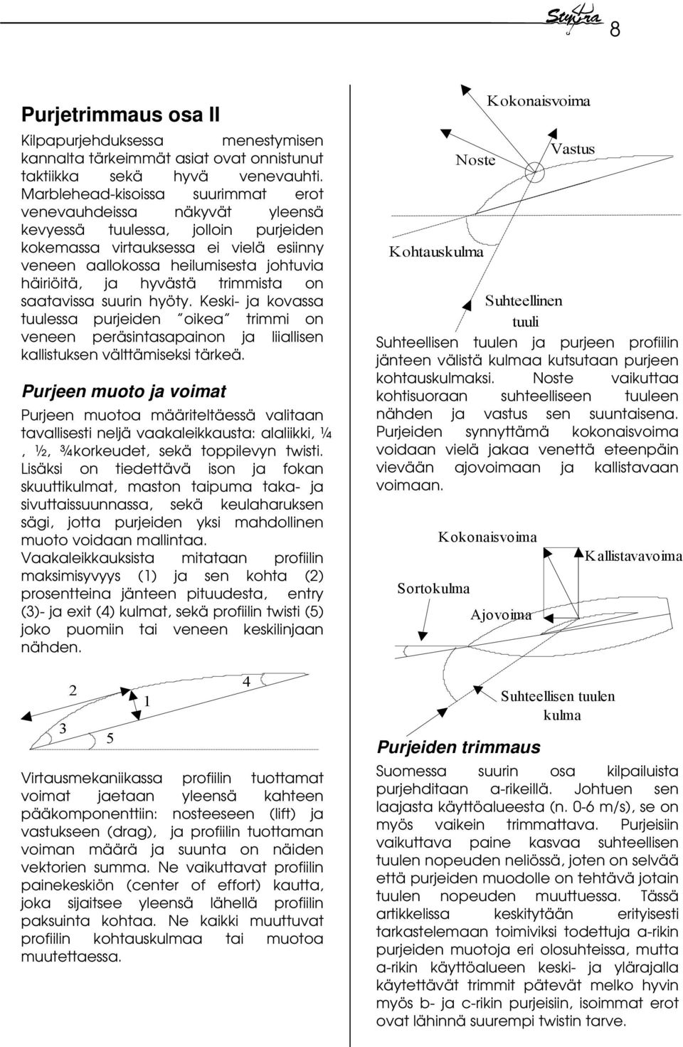 hyvästä trimmista on saatavissa suurin hyöty. Keski- ja kovassa tuulessa purjeiden oikea trimmi on veneen peräsintasapainon ja liiallisen kallistuksen välttämiseksi tärkeä.