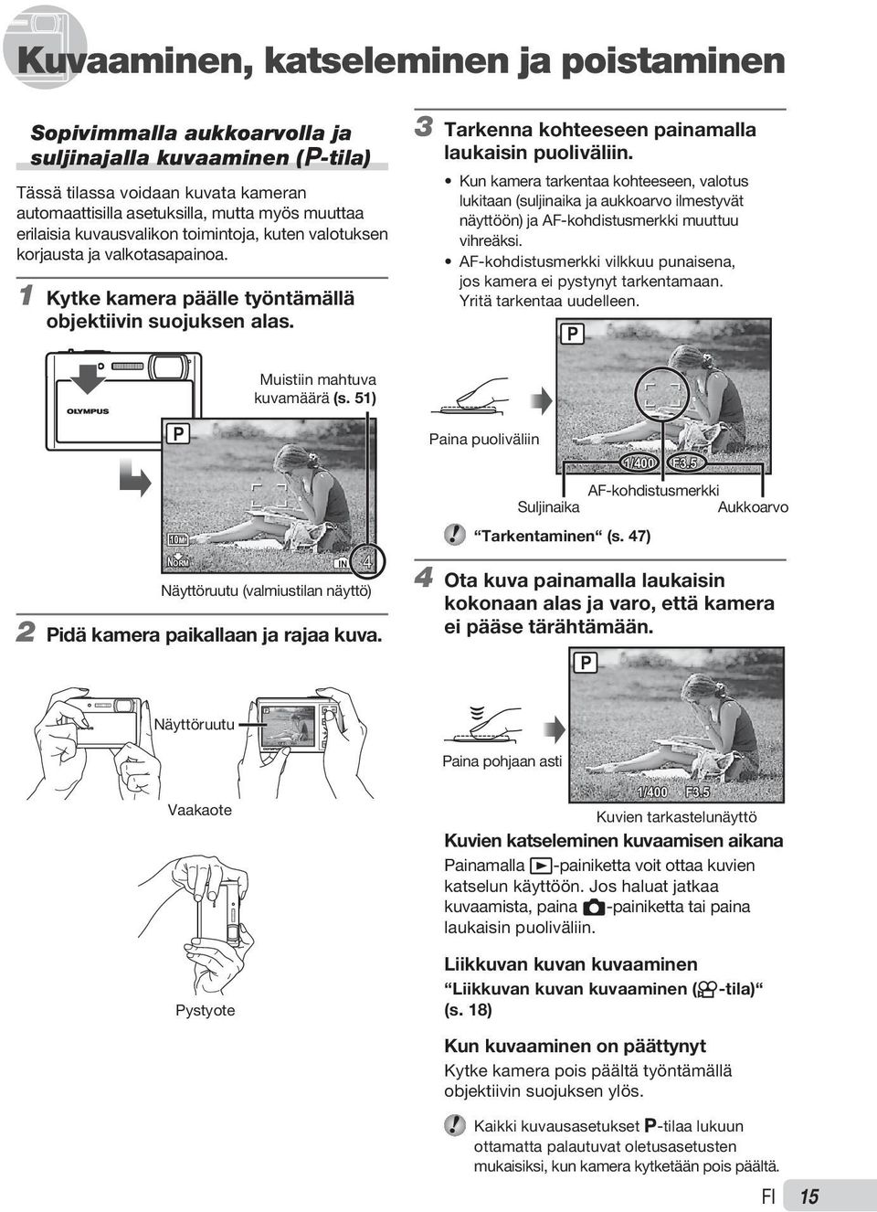 kuvausvalikon toimintoja, kuten valotuksen korjausta ja valkotasapainoa. 1 Kytke kamera päälle työntämällä objektiivin suojuksen alas. 3 Tarkenna kohteeseen painamalla laukaisin puoliväliin.