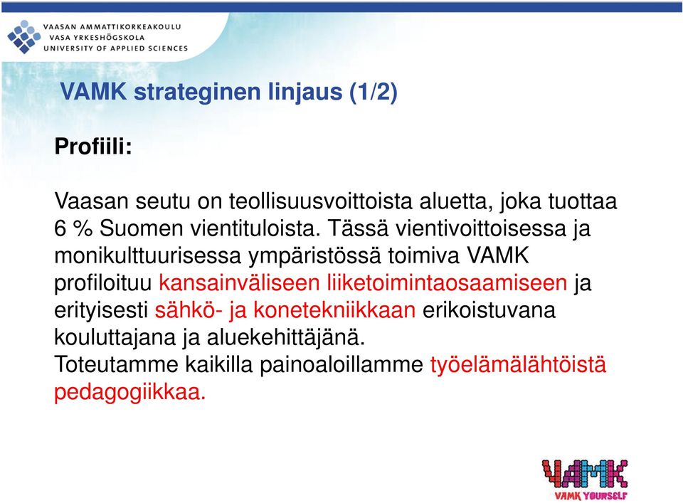 Tässä vientivoittoisessa ja monikulttuurisessa ympäristössä toimiva VAMK profiloituu kansainväliseen