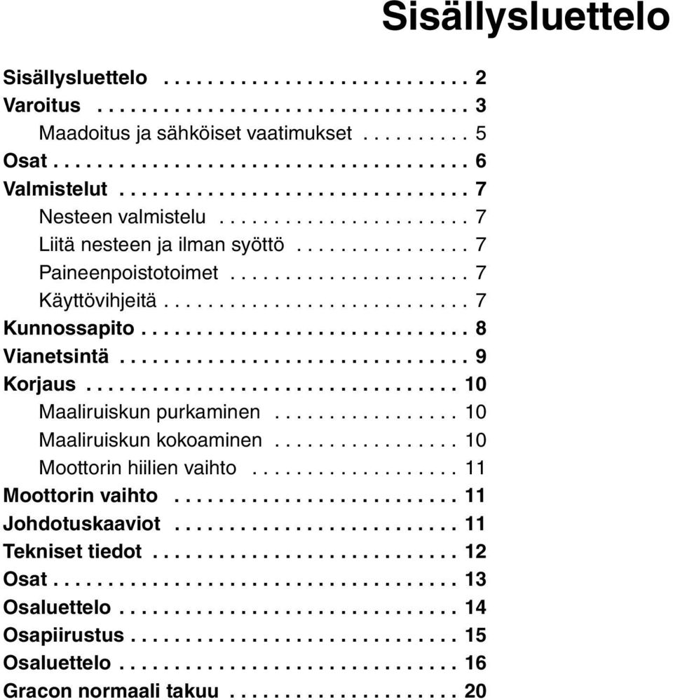 ........................... 7 Kunnossapito.............................. 8 Vianetsintä................................ 9 Korjaus.................................. 10 Maaliruiskun purkaminen.