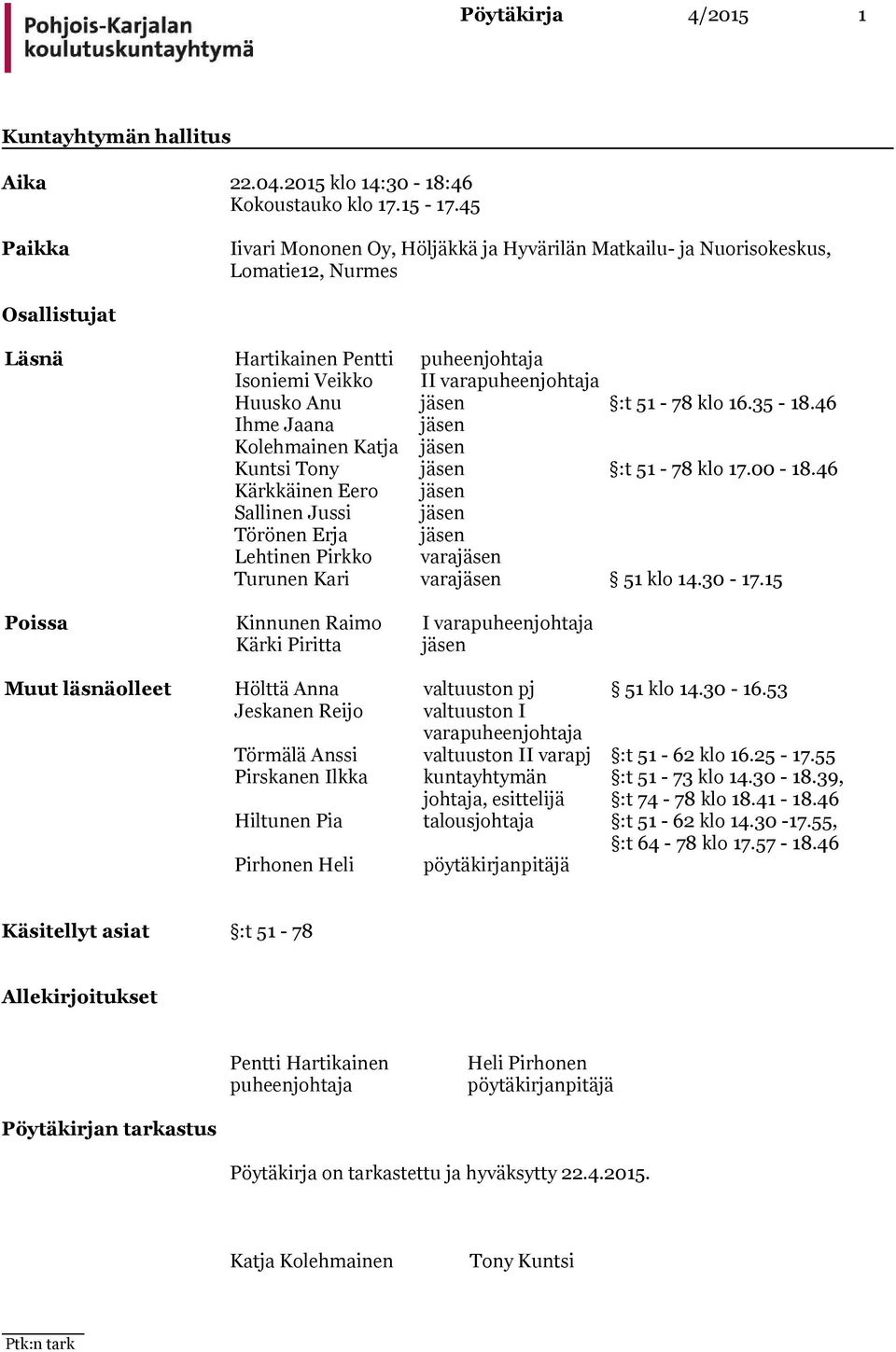 jäsen :t 51-78 klo 16.35-18.46 Ihme Jaana jäsen Kolehmainen Katja jäsen Kuntsi Tony jäsen :t 51-78 klo 17.00-18.