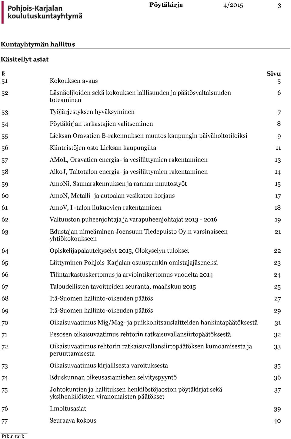 vesiliittymien rakentaminen 13 58 AikoJ, Taitotalon energia- ja vesiliittymien rakentaminen 14 59 AmoNi, Saunarakennuksen ja rannan muutostyöt 15 60 AmoN, Metalli- ja autoalan vesikaton korjaus 17 61