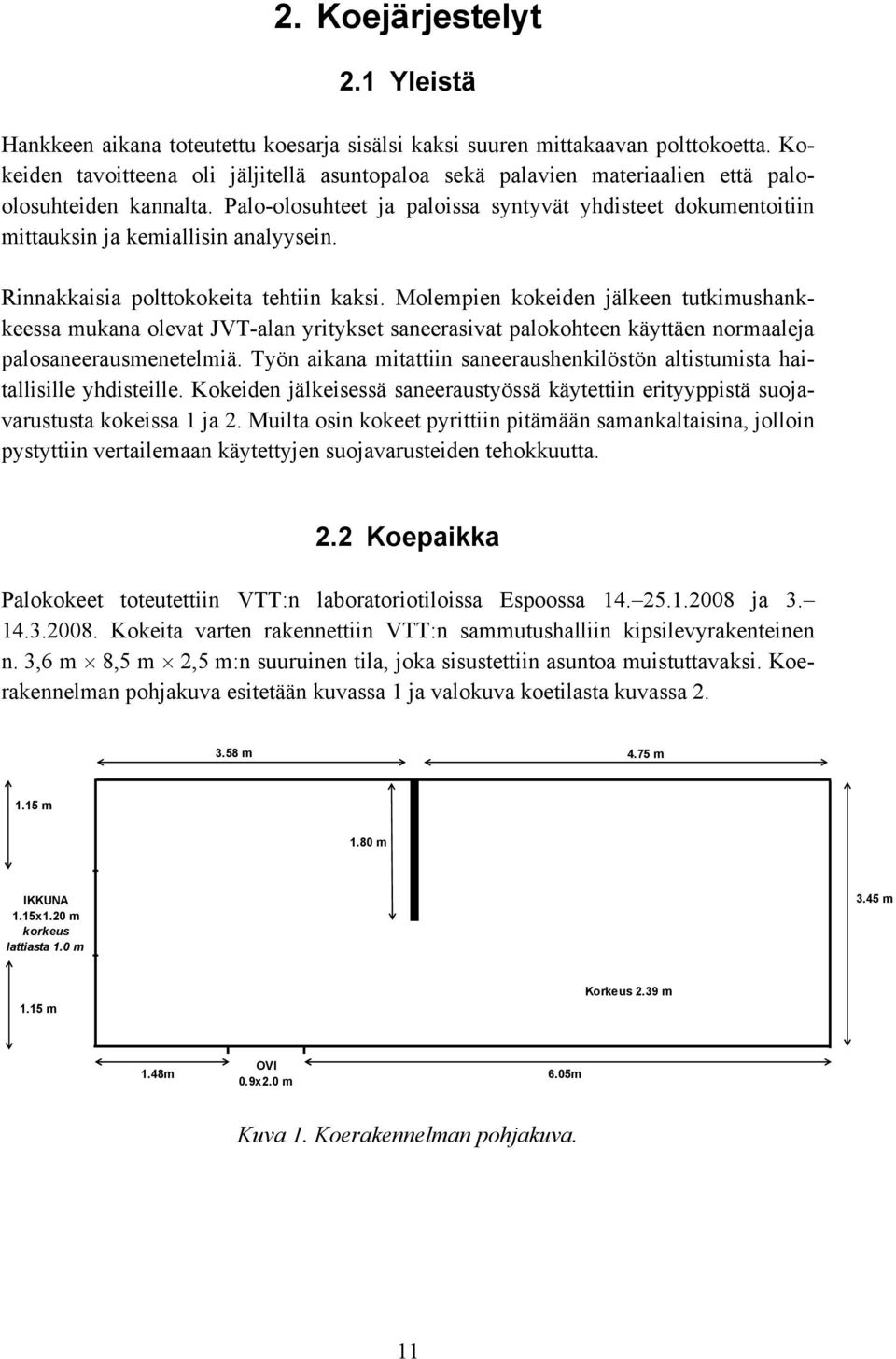 Palo-olosuhteet ja paloissa syntyvät yhdisteet dokumentoitiin mittauksin ja kemiallisin analyysein. Rinnakkaisia polttokokeita tehtiin kaksi.