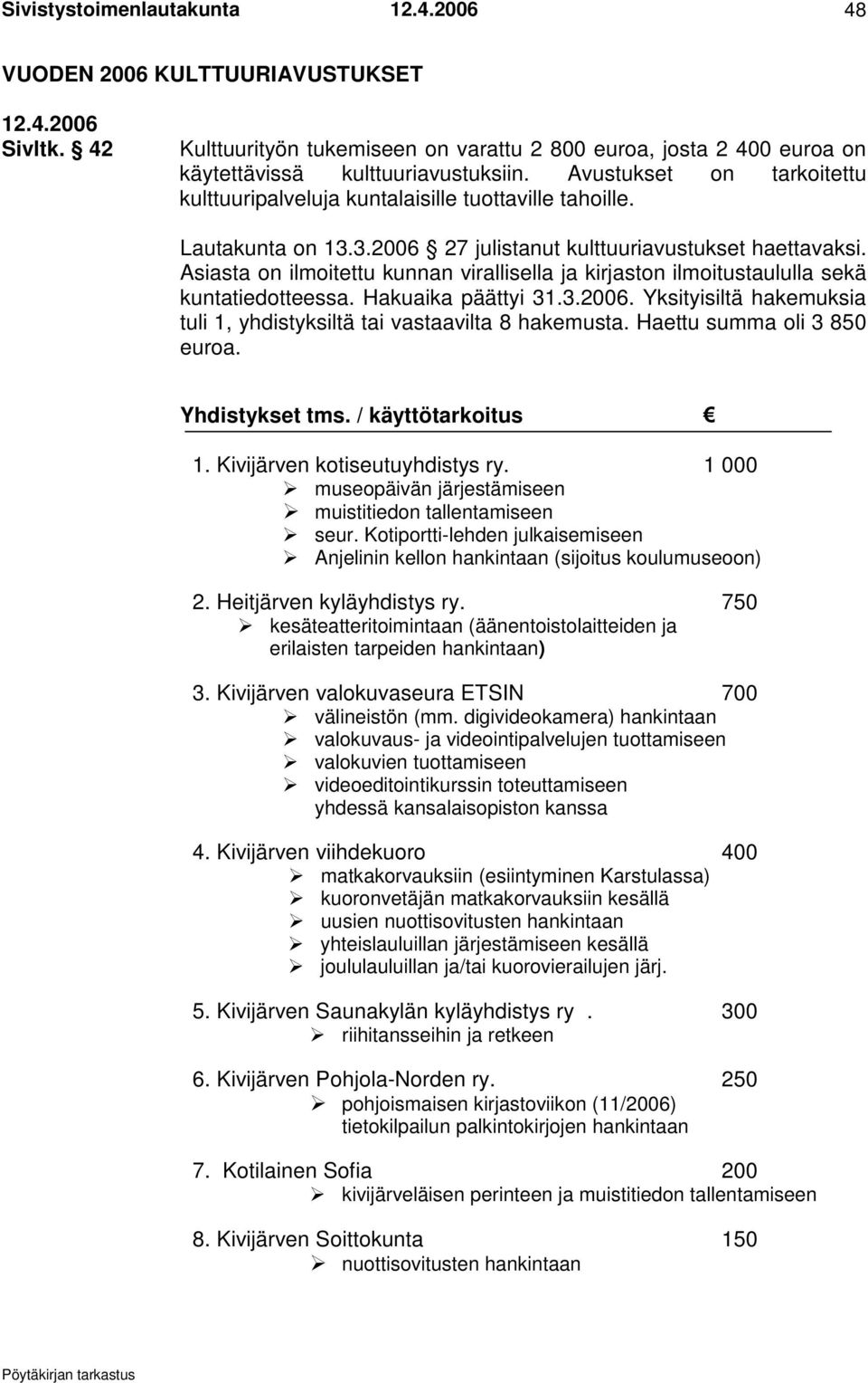 Asiasta on ilmoitettu kunnan virallisella ja kirjaston ilmoitustaululla sekä kuntatiedotteessa. Hakuaika päättyi 31.3.2006. Yksityisiltä hakemuksia tuli 1, yhdistyksiltä tai vastaavilta 8 hakemusta.