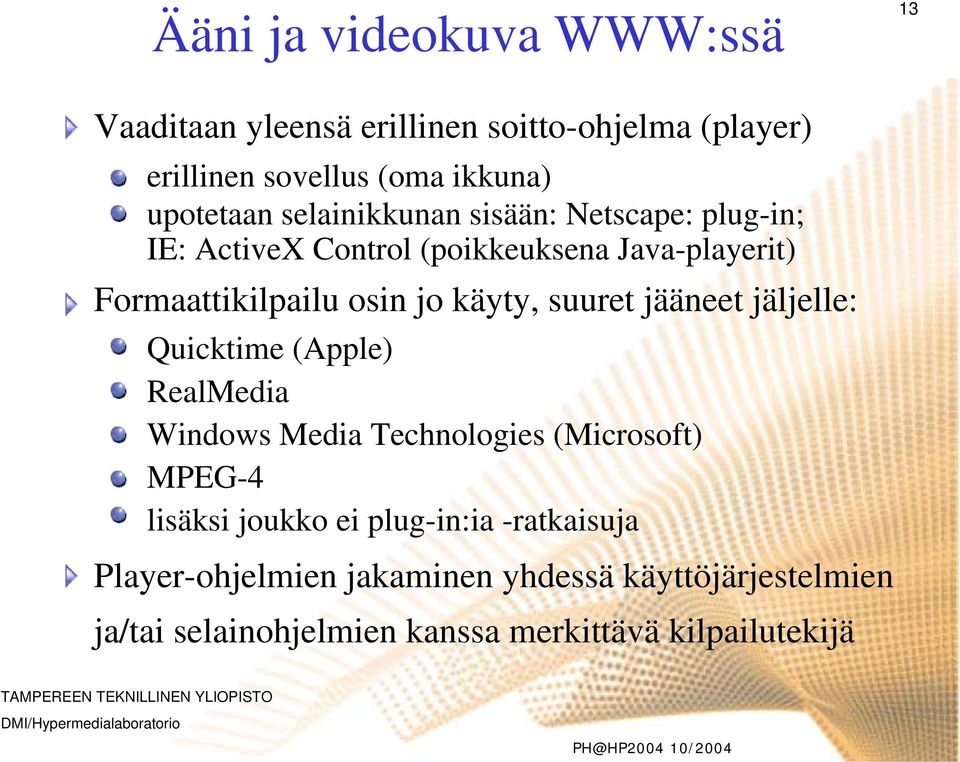 suuret jääneet jäljelle: Quicktime (Apple) RealMedia Windows Media Technologies (Microsoft) MPEG-4 lisäksi joukko ei