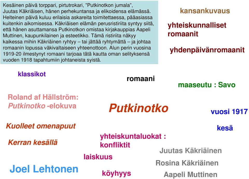 Käkriäisen elämän perusristiriita syntyy siitä, että hänen asuttamansa Putkinotkon omistaa kirjakauppias Aapeli Muttinen, kaupunkilainen ja esteetikko.