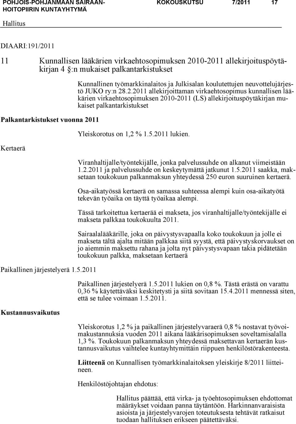 11 Kustannusvaikutus Kunnallinen työmarkkinalaitos ja Julkisalan koulutettujen neuvottelujärjestö JUKO ry:n 28
