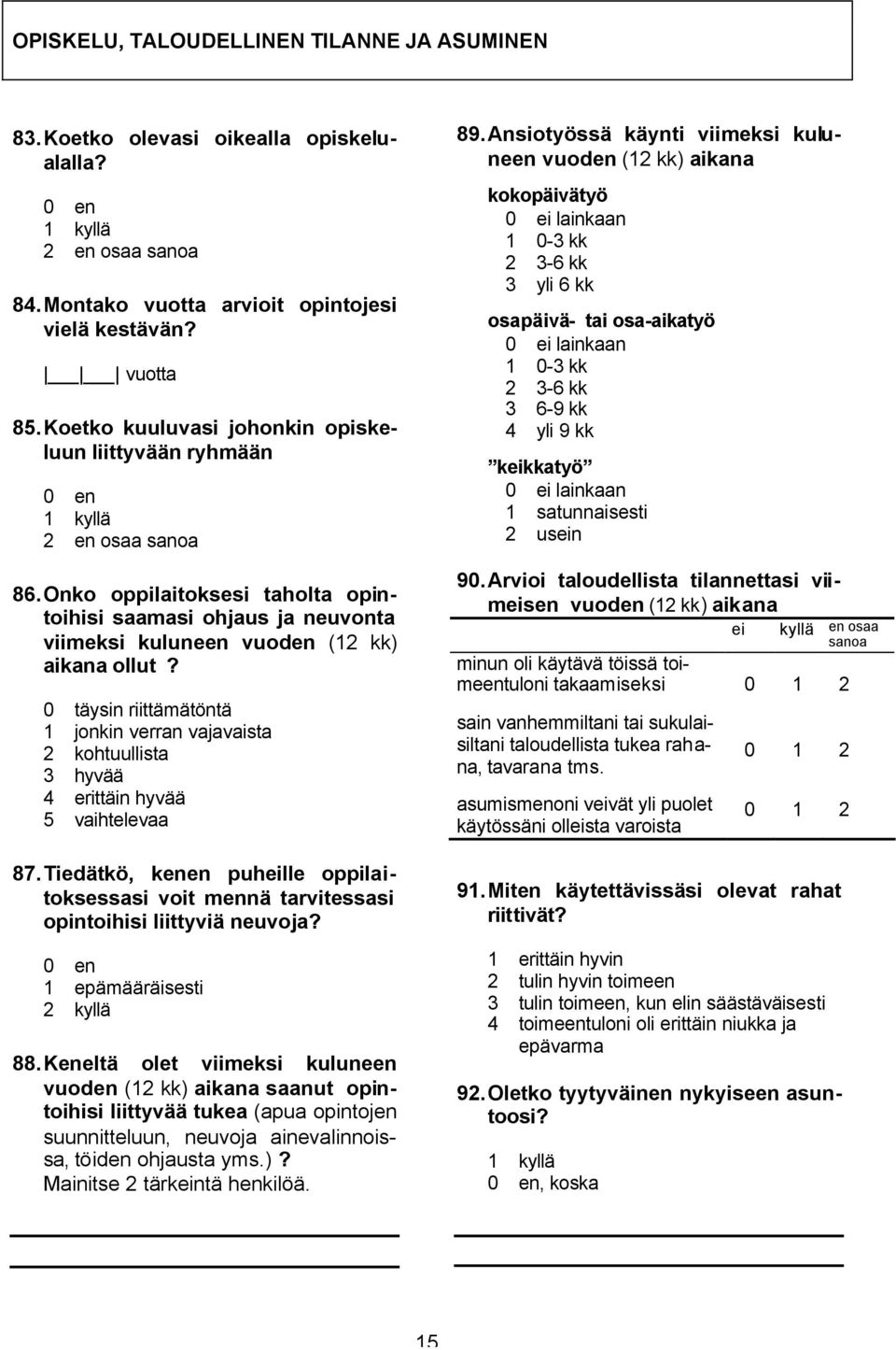 0 täysin riittämätöntä 1 jonkin verran vajavaista 2 kohtuullista 3 hyvää 4 erittäin hyvää 5 vaihtelevaa 87.