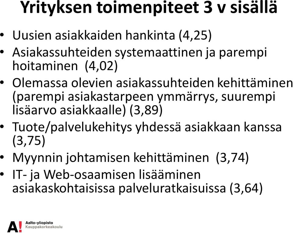 ymmärrys, suurempi lisäarvo asiakkaalle) (3,89) Tuote/palvelukehitys yhdessä asiakkaan kanssa (3,75)