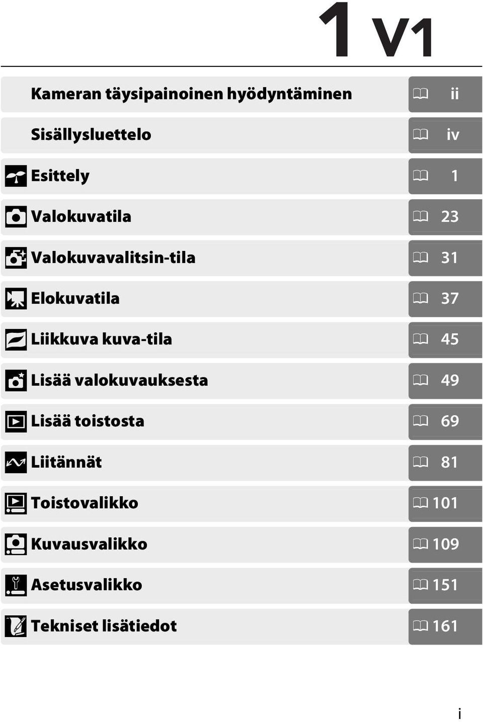 kuva-tila 0 45 t Lisää valokuvauksesta 0 49 I Lisää toistosta 0 69 Q Liitännät 0 81