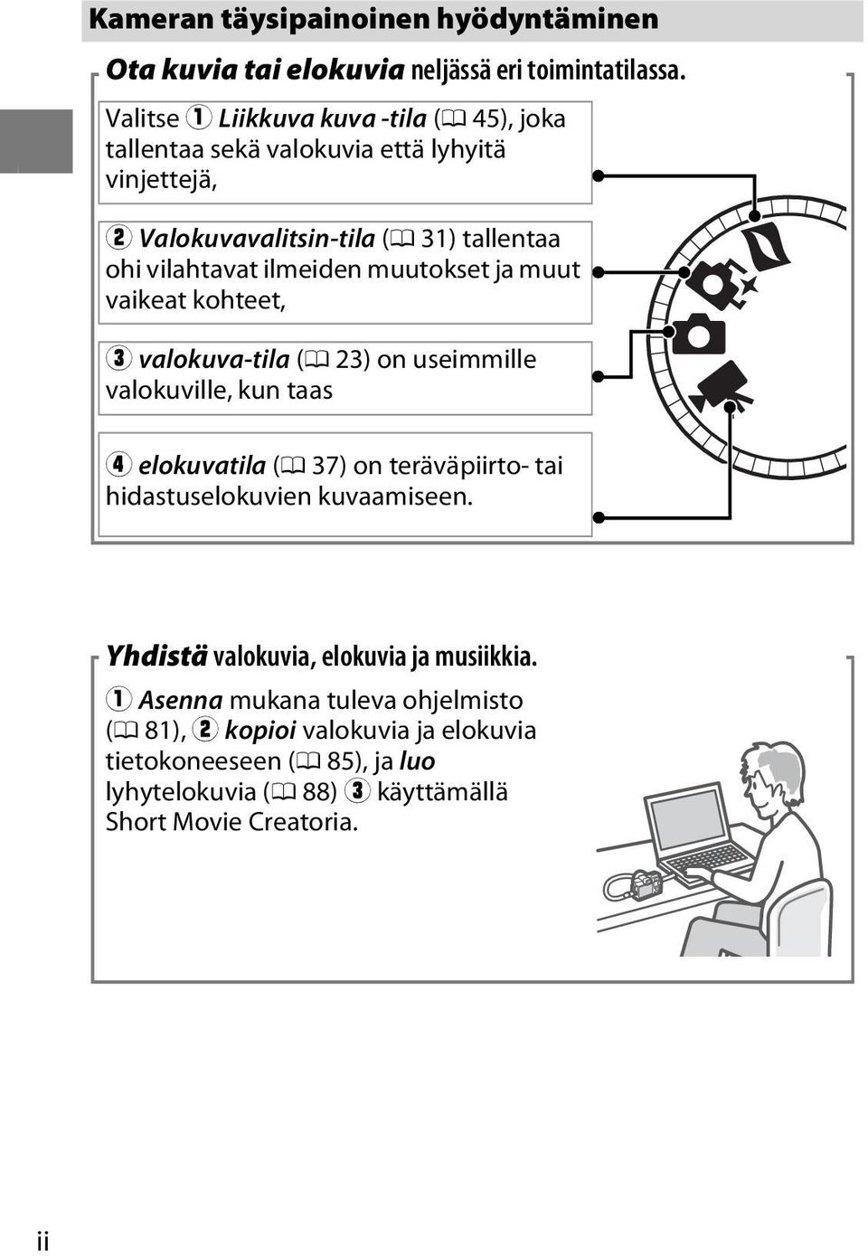 ilmeiden muutokset ja muut vaikeat kohteet, e valokuva-tila (0 23) on useimmille valokuville, kun taas r elokuvatila (0 37) on teräväpiirto- tai