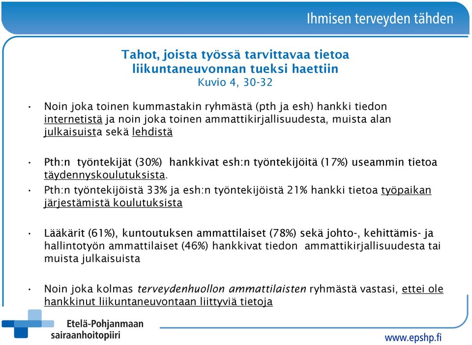 Pth:n työntekijöistä 33% ja esh:n työntekijöistä 21% hankki tietoa työpaikan järjestämistä koulutuksista Lääkärit (61%), kuntoutuksen ammattilaiset (78%) sekä johto-, kehittämis- ja