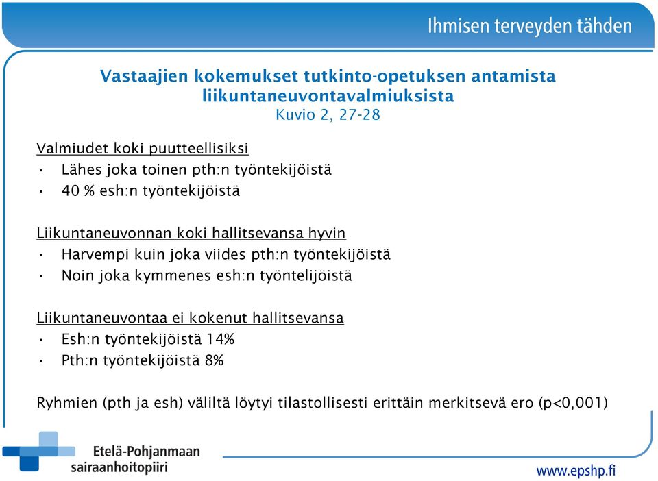 Harvempi kuin joka viides pth:n työntekijöistä Noin joka kymmenes esh:n työntelijöistä Liikuntaneuvontaa ei kokenut