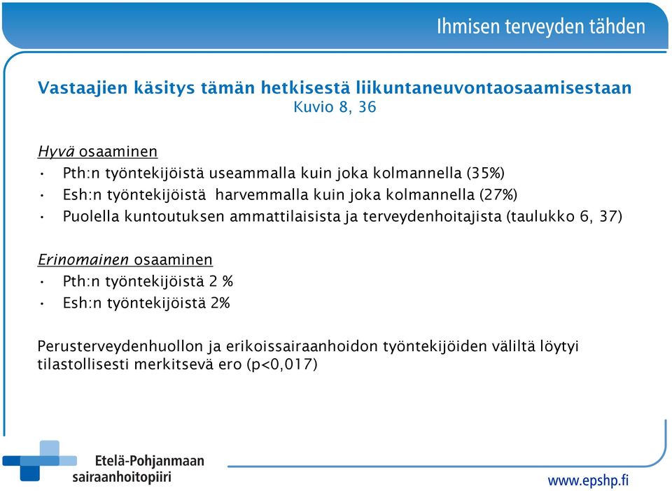 kuntoutuksen ammattilaisista ja terveydenhoitajista (taulukko 6, 37) Erinomainen osaaminen Pth:n työntekijöistä 2 %