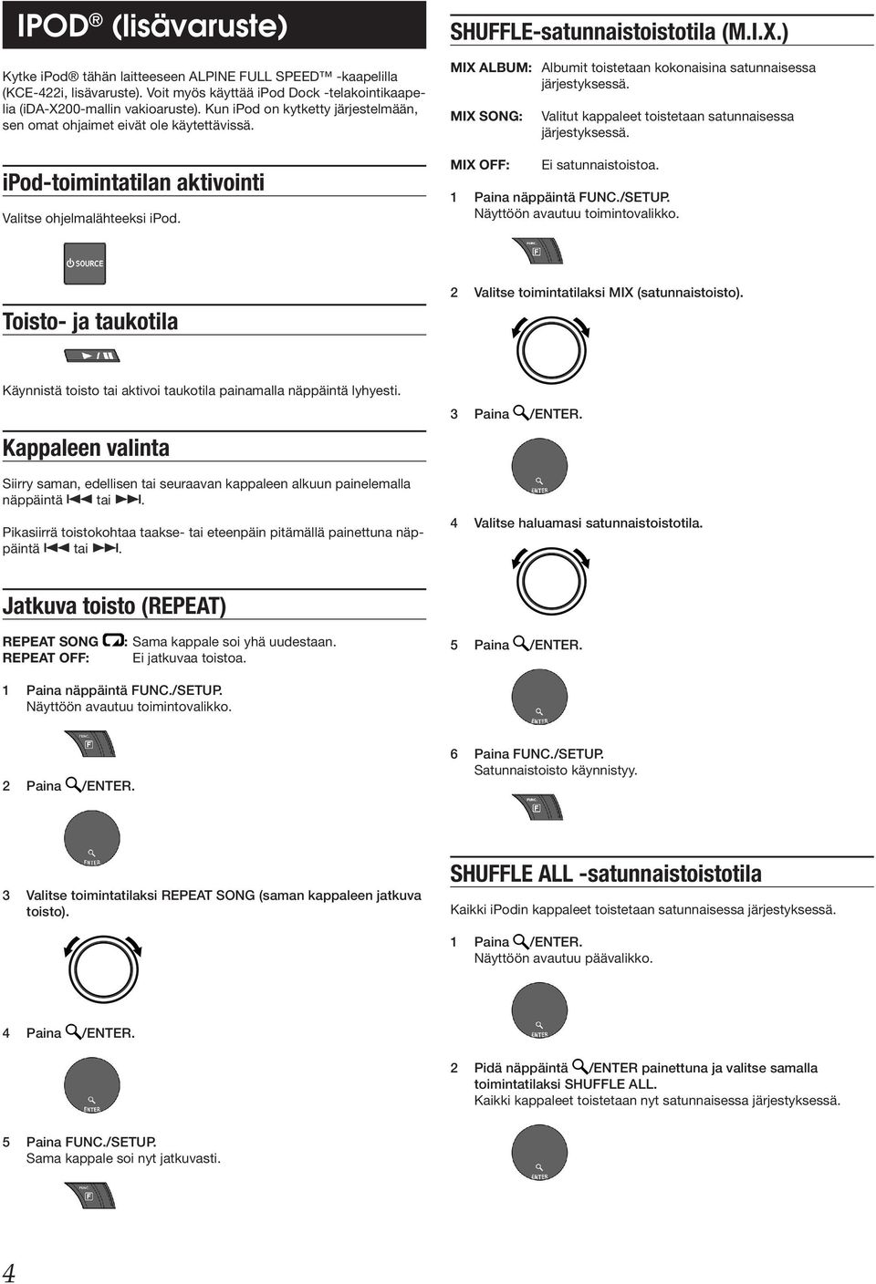 ) MIX ALBUM: Albumit toistetaan kokonaisina satunnaisessa MIX SONG: MIX Valitut kappaleet toistetaan satunnaisessa Ei satunnaistoistoa. 1 Paina näppäintä FUNC./SETUP. Näyttöön avautuu toimintovalikko.