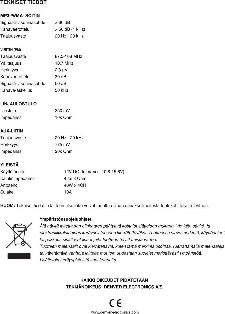 Ohm YLEISTÄ Käyttöjännite Kaiutinimpedanssi Antoteho Sulake 12V DC (toleranssi:10.8-15.