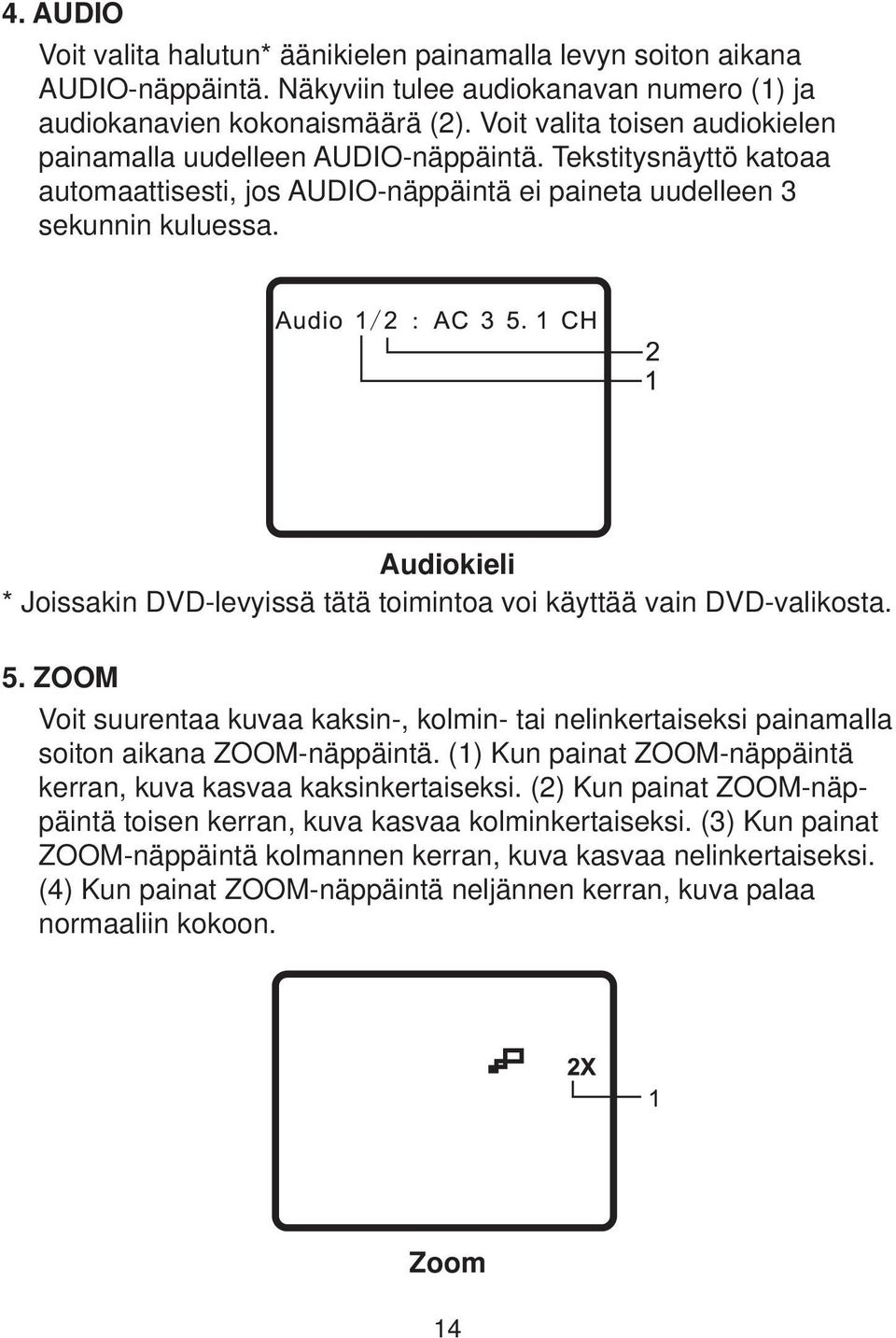 P14 P1 P18 P18 Audiokieli * Joissakin DVD-levyissä tätä toimintoa voi käyttää vain DVD-valikosta. 5.