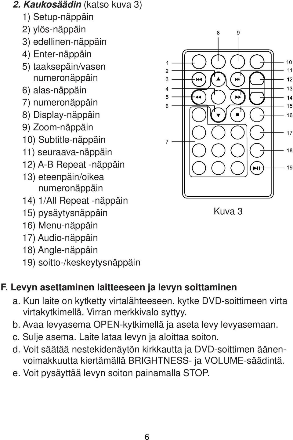 10) Subtitle-näppäin 11) seuraava-näppäin 12) A-B Repeat -näppäin 13) eteenpäin/oikea numeronäppäin 14) 1/All Repeat -näppäin 15) pysäytysnäppäin 16) Menu-näppäin 17) Audio-näppäin 18) Angle-näppäin