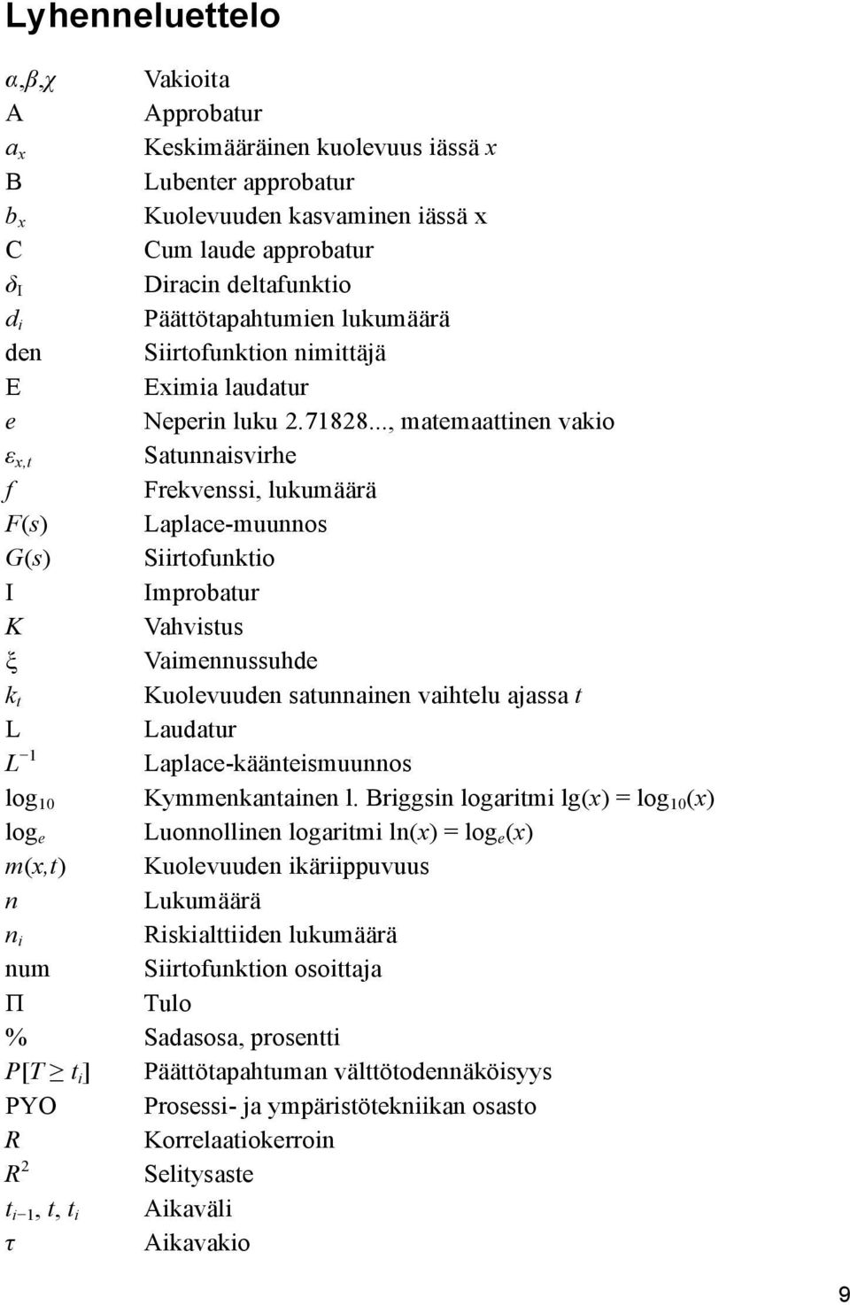 .., matemaattinen vakio ε x,t Satunnaisvirhe f Frekvenssi, lukumäärä F(s) Laplace-muunnos G(s) Siirtofunktio I Improbatur K Vahvistus ξ Vaimennussuhde k t Kuolevuuden satunnainen vaihtelu ajassa t L