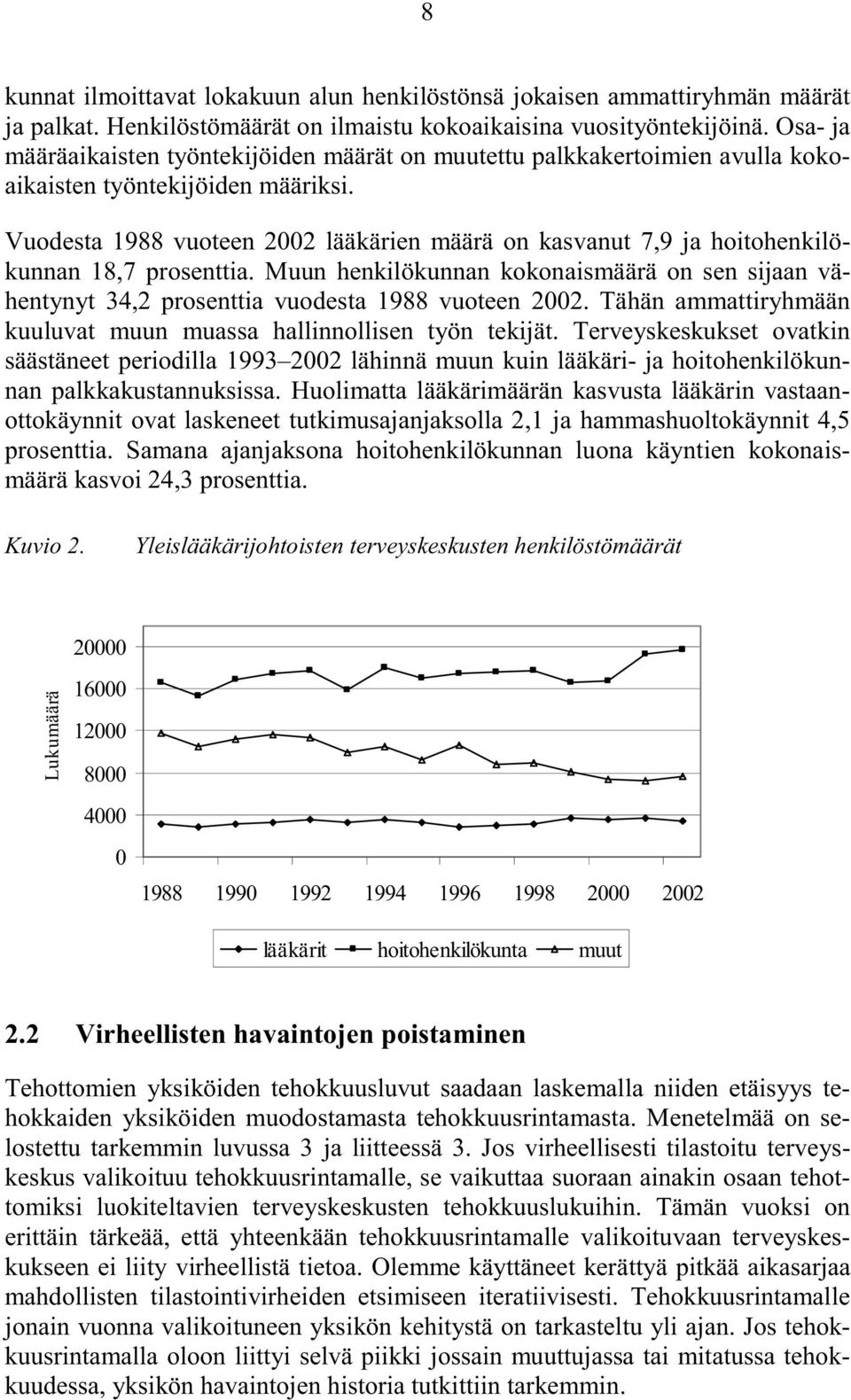 Vuodesta 1988 vuoteen 2002 lääkärien määrä on kasvanut 7,9 ja hoitohenkilökunnan 18,7 prosenttia. Muun henkilökunnan kokonaismäärä on sen sijaan vähentynyt 34,2 prosenttia vuodesta 1988 vuoteen 2002.