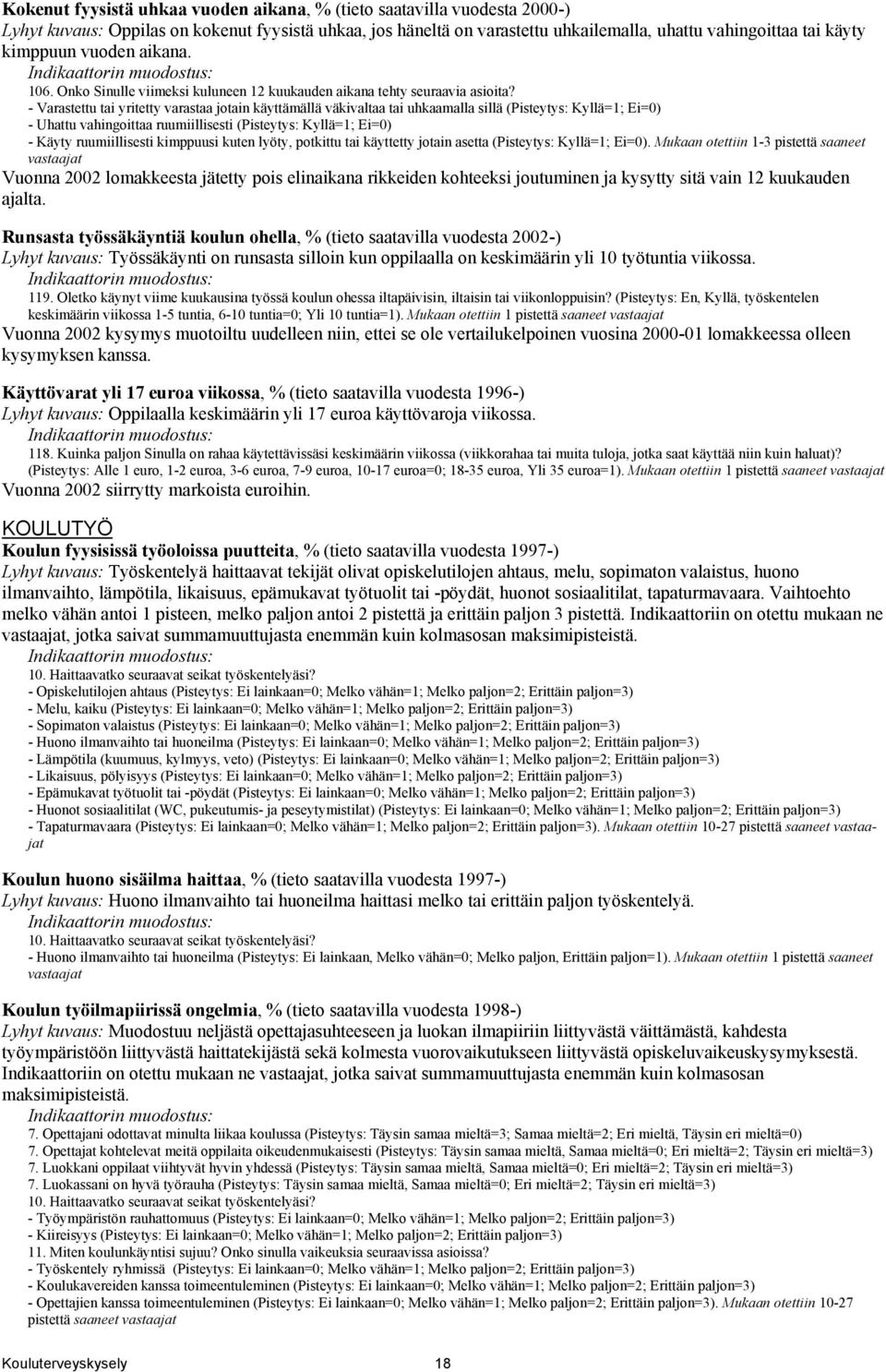 - Varastettu tai yritetty varastaa jotain käyttämällä väkivaltaa tai uhkaamalla sillä (Pisteytys: Kyllä=1; Ei=0) - Uhattu vahingoittaa ruumiillisesti (Pisteytys: Kyllä=1; Ei=0) - Käyty ruumiillisesti