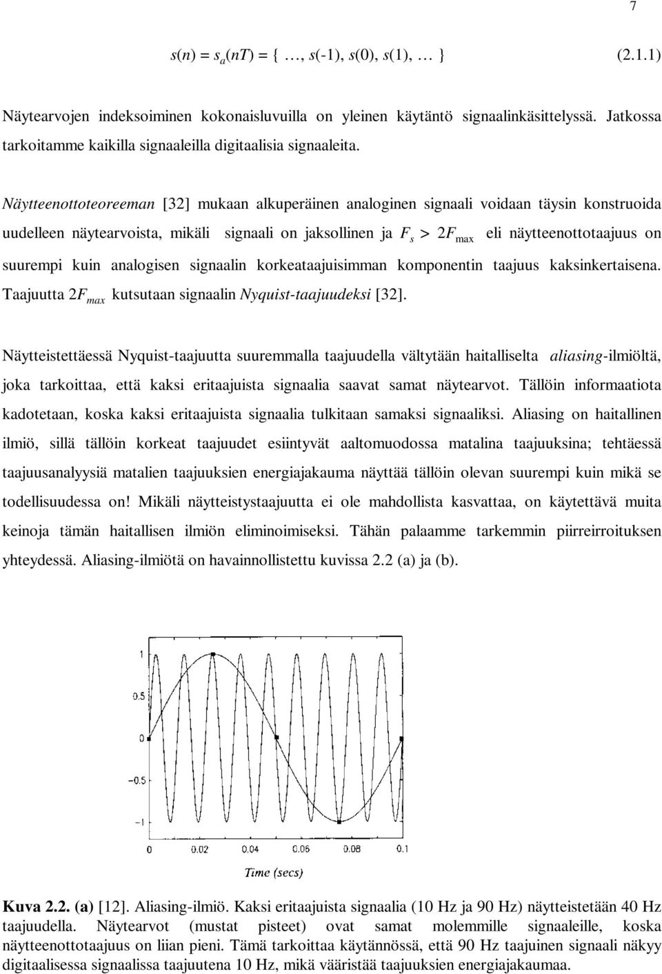 Näytteenottoteoreeman [32] mukaan alkuperäinen analoginen signaali voidaan täysin konstruoida uudelleen näytearvoista, mikäli signaali on jaksollinen ja F s > 2F max eli näytteenottotaajuus on