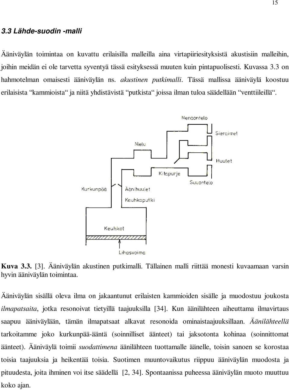 Tässä mallissa ääniväylä koostuu erilaisista kammioista ja niitä yhdistävistä putkista joissa ilman tuloa säädellään venttiileillä. Kuva 3.3. [3]. Ääniväylän akustinen putkimalli.