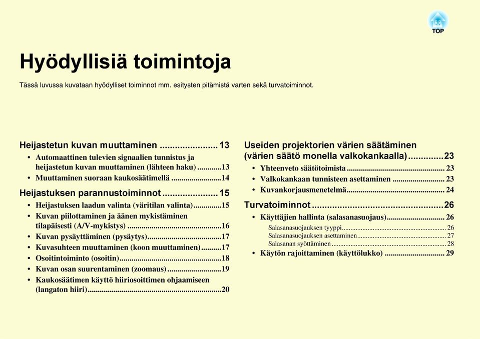 .. 15 Heijastuksen laadun valinta (väritilan valinta)...15 Kuvan piilottaminen ja äänen mykistäminen tilapäisesti (A/V-mykistys)...16 Kuvan pysäyttäminen (pysäytys).