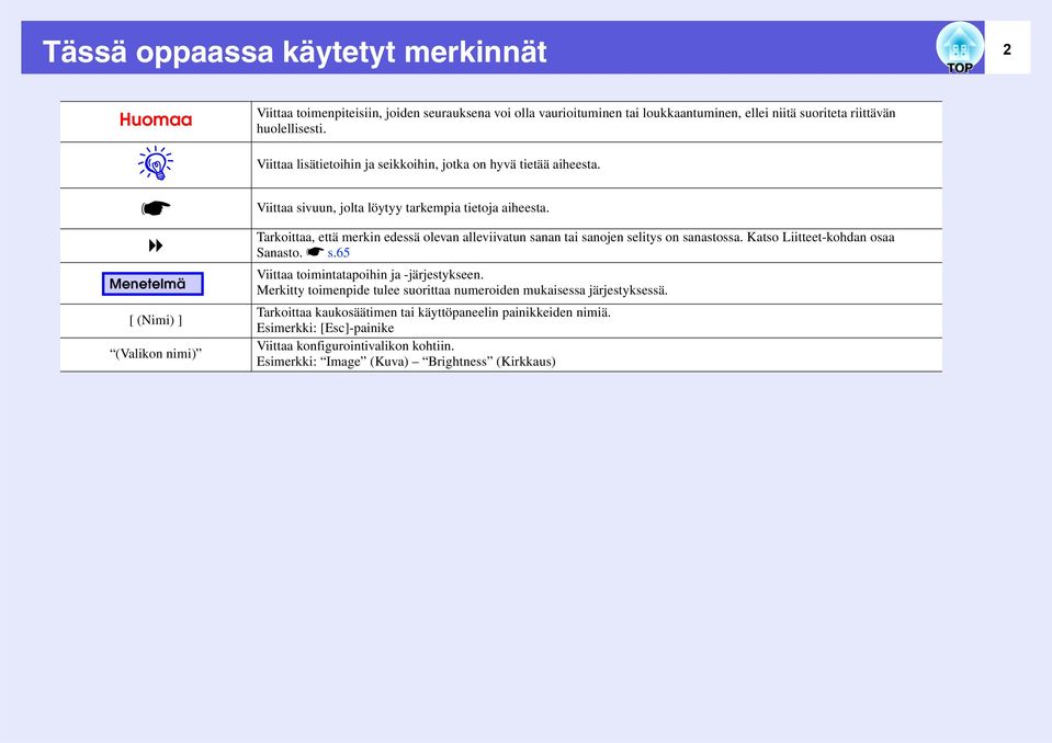 Tarkoittaa, että merkin edessä olevan alleviivatun sanan tai sanojen selitys on sanastossa. Katso Liitteet-kohdan osaa Sanasto. s s.65 Viittaa toimintatapoihin ja -järjestykseen.