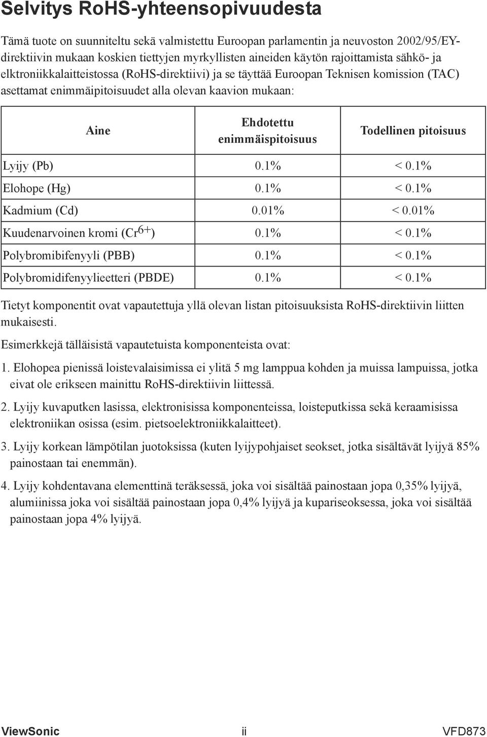 Todellinen pitoisuus Lyijy (Pb) 0.1% < 0.1% Elohope (Hg) 0.1% < 0.1% Kadmium (Cd) 0.01% < 0.01% Kuudenarvoinen kromi (Cr 6+ ) 0.1% < 0.1% Polybromibifenyyli (PBB) 0.1% < 0.1% Polybromidifenyylieetteri (PBDE) 0.