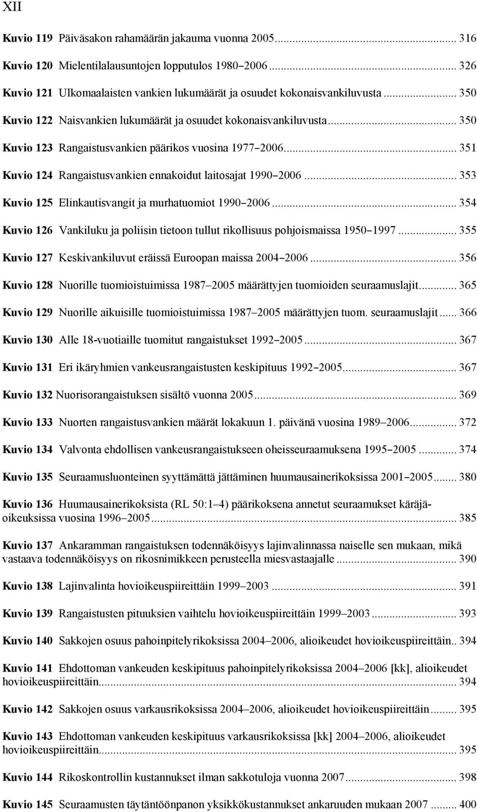 .. 353 Kuvio 125 Elinkautisvangit ja murhatuomiot 1990B2006... 354 Kuvio 126 Vankiluku ja poliisin tietoon tullut rikollisuus pohjoismaissa 1950B1997.