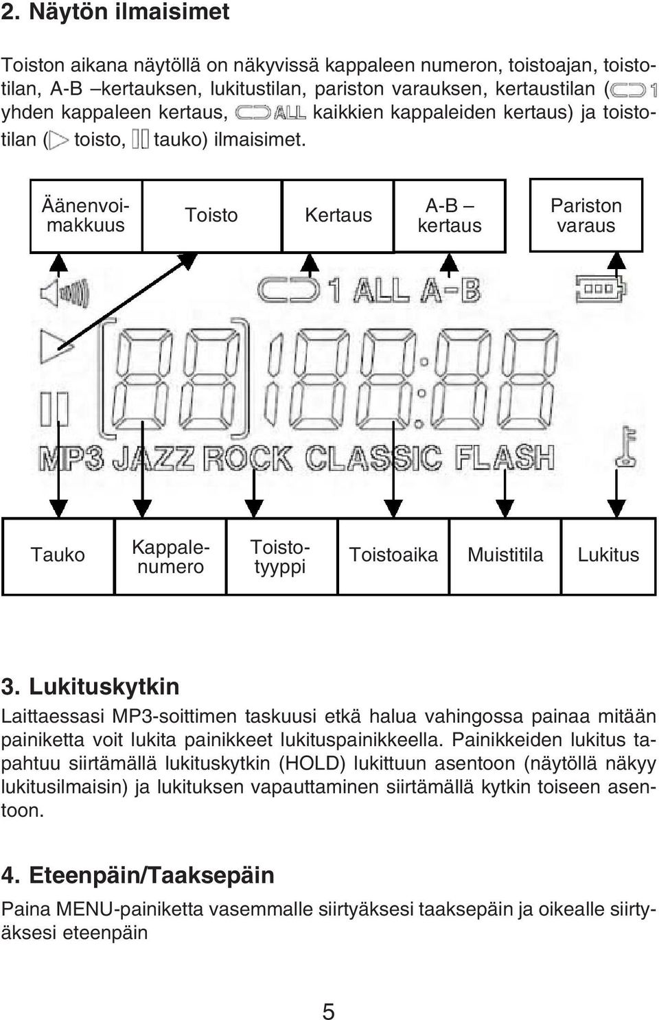 Lukituskytkin Laittaessasi MP3-soittimen taskuusi etkä halua vahingossa painaa mitään painiketta voit lukita painikkeet lukituspainikkeella.