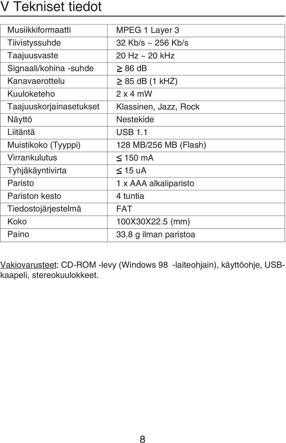 Kb/s 20 Hz ~ 20 khz 86 db 85 db (1 khz) 2 x 4 mw Klassinen, Jazz, Rock Nestekide USB 1.