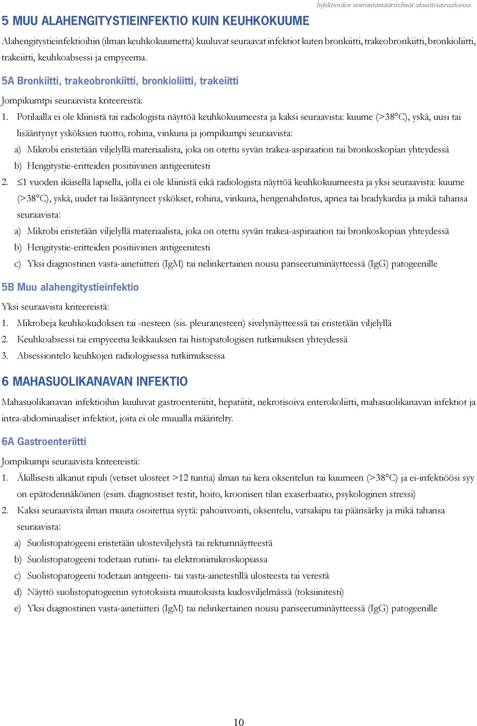 Potilaalla ei ole kliinistä tai radiologista näyttöä keuhkokuumeesta ja kaksi seuraavista: kuume (>38 C), yskä, uusi tai lisääntynyt ysköksien tuotto, rohina, vinkuna ja jompikumpi seuraavista: a)