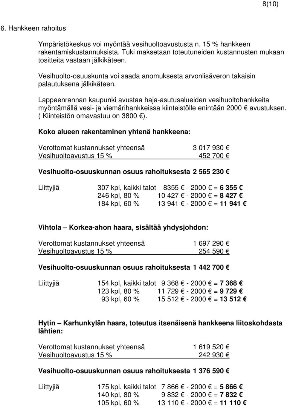 Lappeenrannan kaupunki avustaa haja-asutusalueiden vesihuoltohankkeita myöntämällä vesi- ja viemärihankkeissa kiinteistölle enintään 2000 avustuksen. ( Kiinteistön omavastuu on 3800 ).