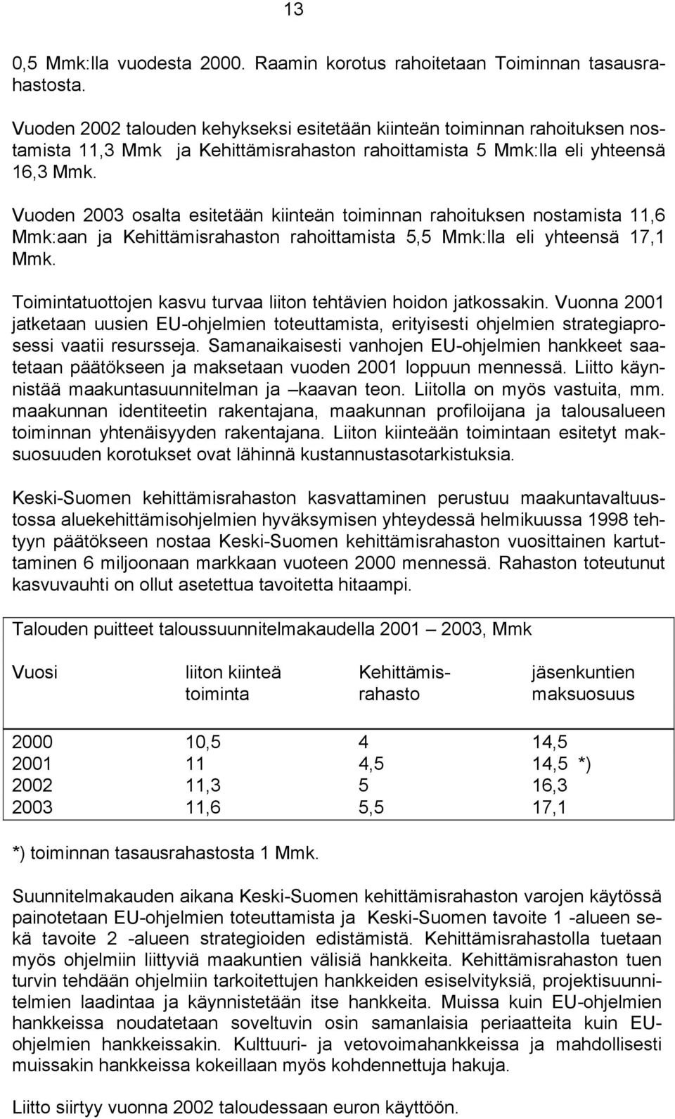 Vuoden 2003 osalta esitetään kiinteän toiminnan rahoituksen nostamista 11,6 Mmk:aan ja Kehittämisrahaston rahoittamista 5,5 Mmk:lla eli yhteensä 17,1 Mmk.