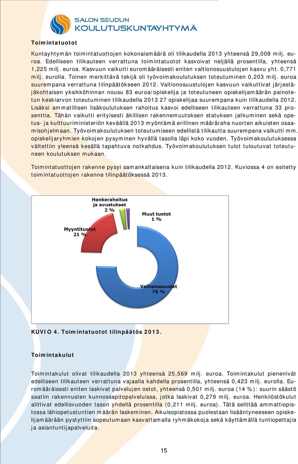 Toinen merkittävä tekijä oli työvoimakoulutuksen toteutuminen 0,203 milj. euroa suurempana verrattuna tilinpäätökseen 2012.