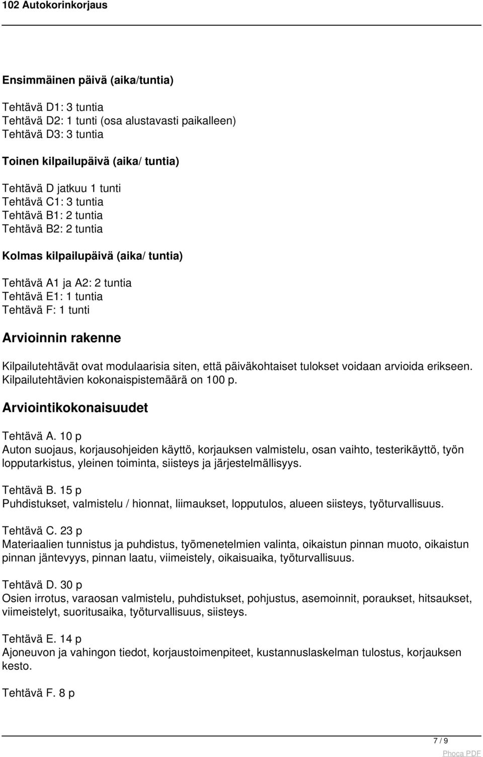 modulaarisia siten, että päiväkohtaiset tulokset voidaan arvioida erikseen. Kilpailutehtävien kokonaispistemäärä on 100 p. Arviointikokonaisuudet Tehtävä A.