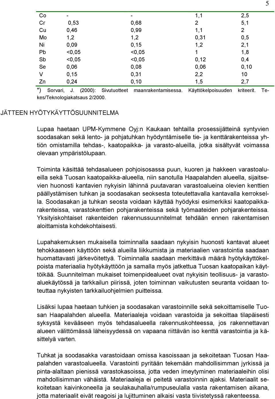 5 JÄTTEEN HYÖTYKÄYTTÖSUUNNITELMA Lupaa haetaan UPM-Kymmene Oyj:n Kaukaan tehtailla prosessijätteinä syntyvien soodasakan sekä lento- ja pohjatuhkan hyödyntämiselle tie- ja kenttärakenteissa yhtiön