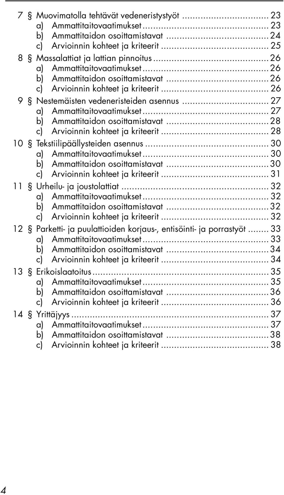 .. 27 b) Ammattitaidon osoittamistavat... 28 c) Arvioinnin kohteet ja kriteerit... 28 10 Tekstiilipäällysteiden asennus... 30 a) Ammattitaitovaatimukset... 30 b) Ammattitaidon osoittamistavat.