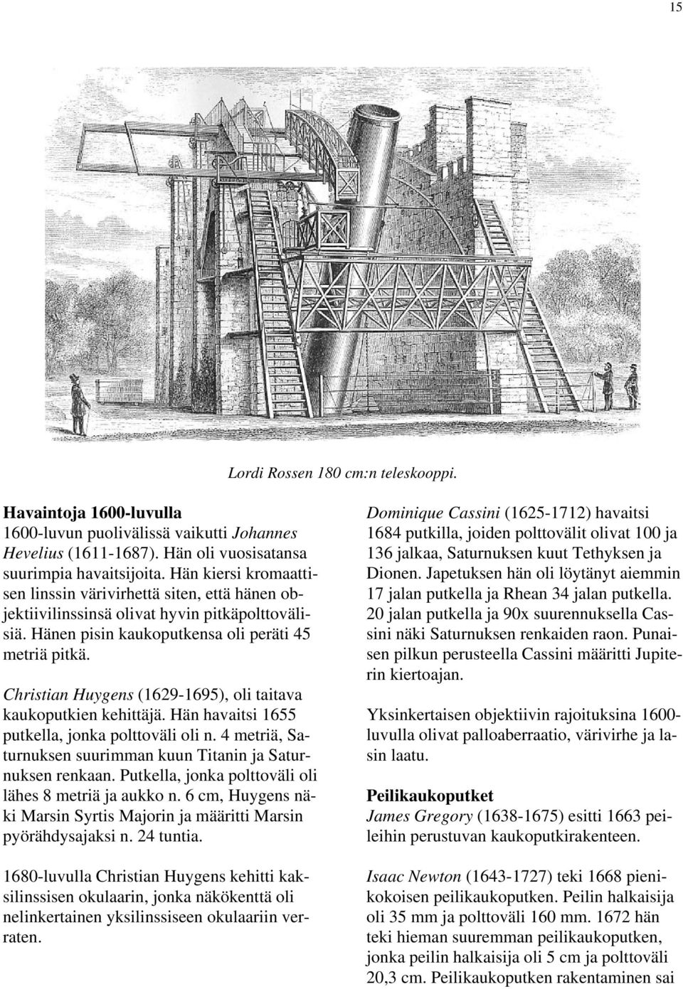 Christian Huygens (1629-1695), oli taitava kaukoputkien kehittäjä. Hän havaitsi 1655 putkella, jonka polttoväli oli n. 4 metriä, Saturnuksen suurimman kuun Titanin ja Saturnuksen renkaan.