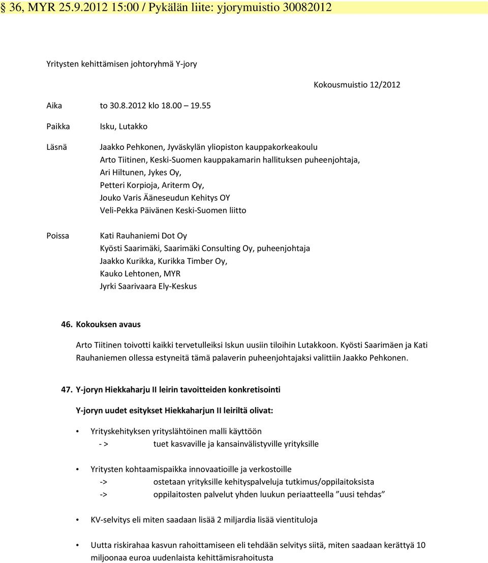 Korpioja, Ariterm Oy, Jouko Varis Ääneseudun Kehitys OY Veli-Pekka Päivänen Keski-Suomen liitto Kati Rauhaniemi Dot Oy Kyösti Saarimäki, Saarimäki Consulting Oy, puheenjohtaja Jaakko Kurikka, Kurikka