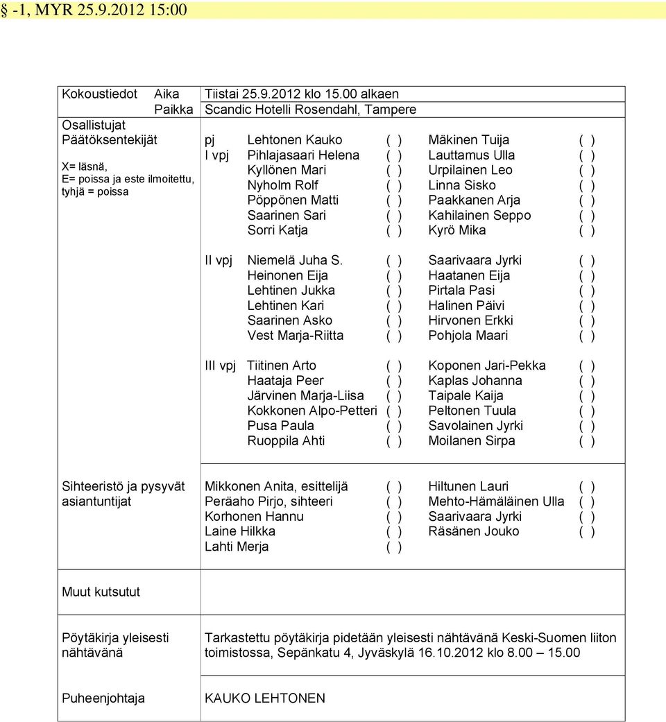 Mari ( ) Nyholm Rolf ( ) Pöppönen Matti ( ) Saarinen Sari ( ) Sorri Katja ( ) II vpj Niemelä Juha S.