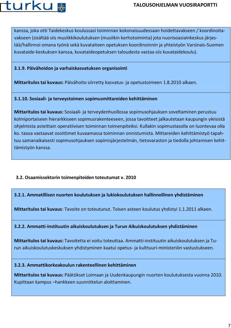 Päivähoidon ja varhaiskasvatuksen organisointi Mittaritulos tai kuvaus: Päivähoito siirretty kasvatus- ja opetustoimeen 1.8.2010 